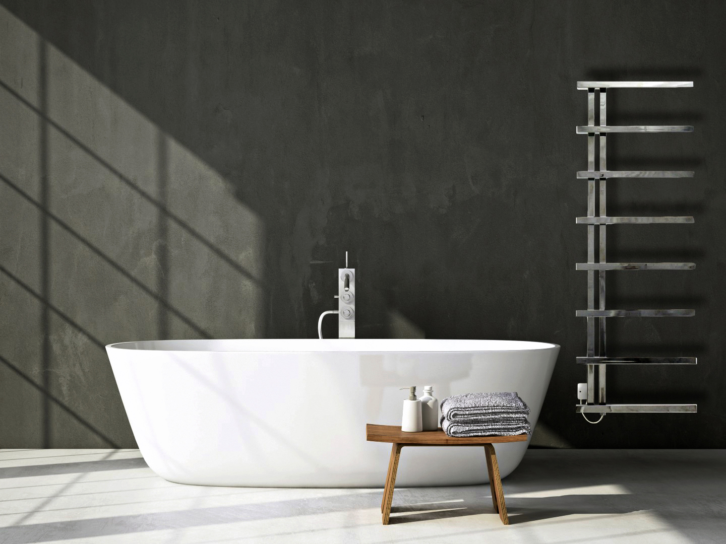Modern grey bathroom with bathtub. 3d rendering